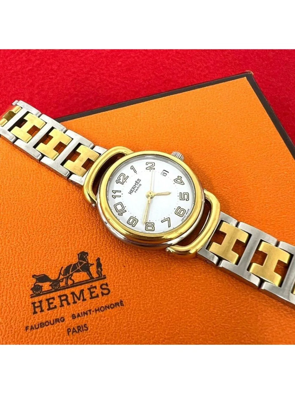 Hermes Pullman Stainless Quartz Watch Wrist Gold Silver